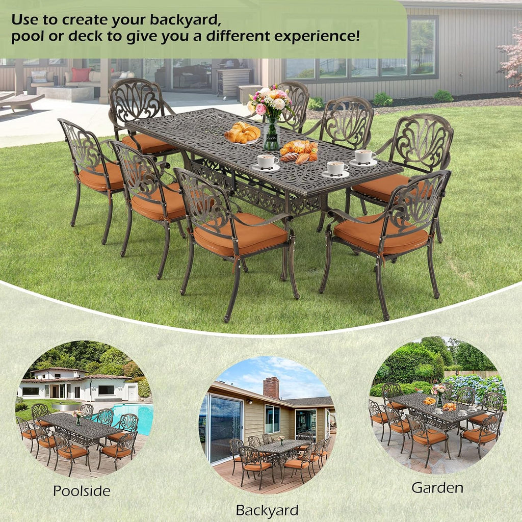 [Hi-End]Cast Aluminum Patio Furniture Set 9-Piece Outdoor Dining Set Includes 86.6'' Rectangular Patio Table with Umbrella Hole and 8 Cushioned Dining Chairs,Rust-Free for Patio Deck Garden Pool
