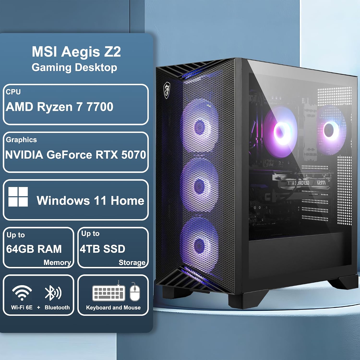 msi Aegis Z2 Gaming Desktop AMD 8-core Ryzen 7 7700 64GB DDR5 4TB SSD GeForce RTX 5070 DLSS4 (Up to 988 AI Tops) 750W 80+ Gold PSU ARGB Fan CPU Air Cooling Wi-Fi6E Win11 ICP Hub