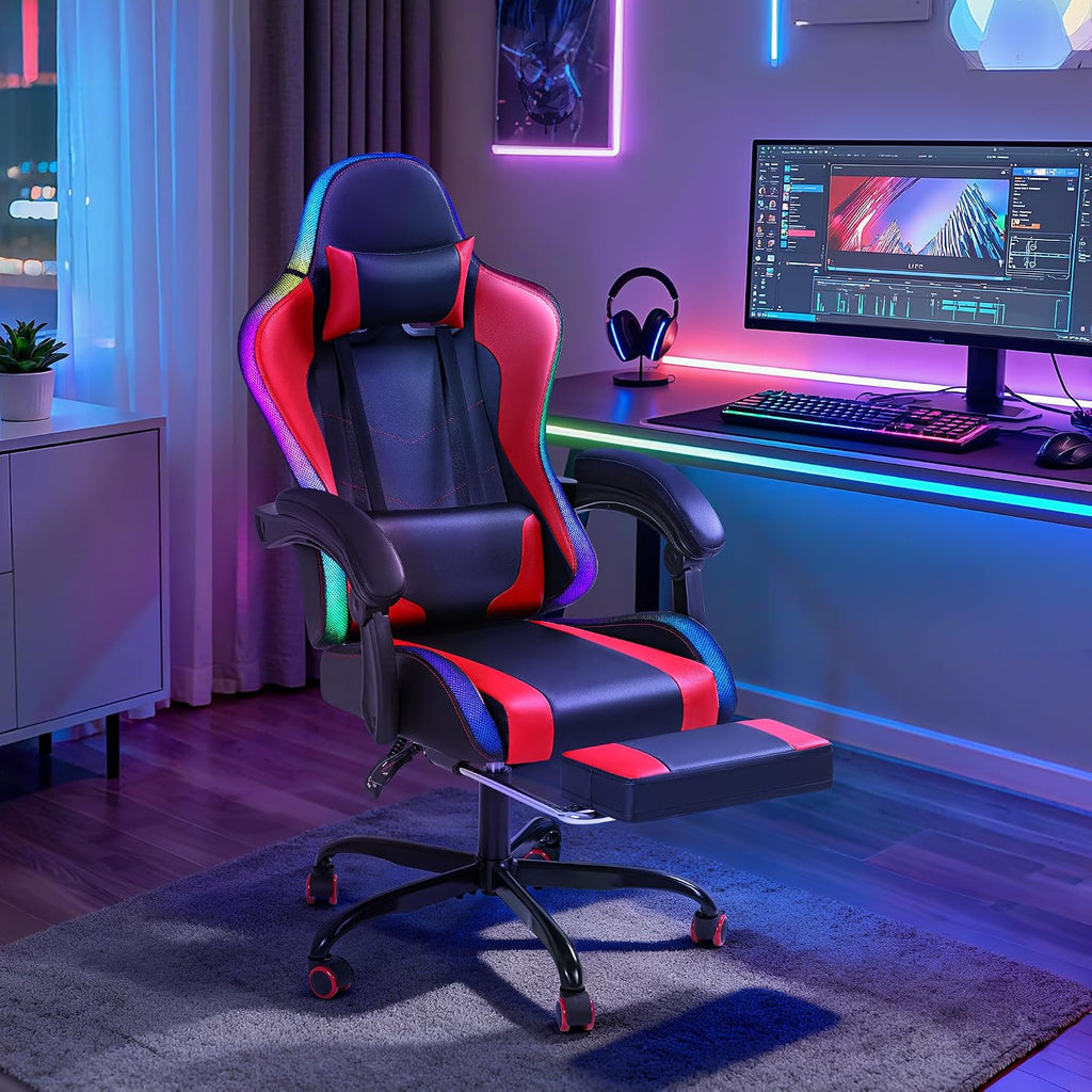 Gaming Chair with RGB, Computer Gaming Chairs with LED Lights and Footrest for Home, Office, Red and Black
