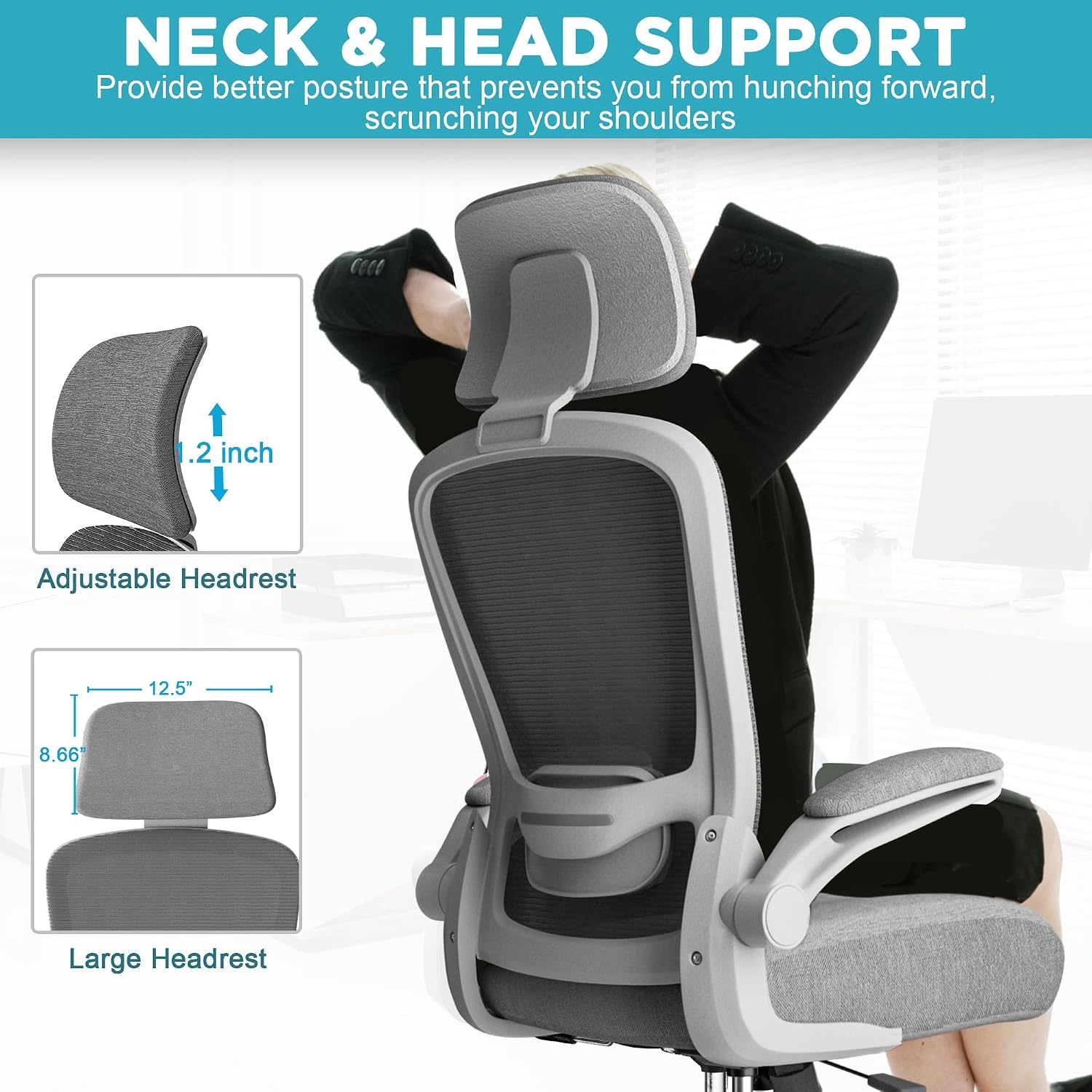 Mimoglad Office Chair, High Back Ergonomic Desk Chair with Adjustable Lumbar Support and Headrest, with flip-up Armrests for Guitar Playing, 5 Years Warranty (Grey)