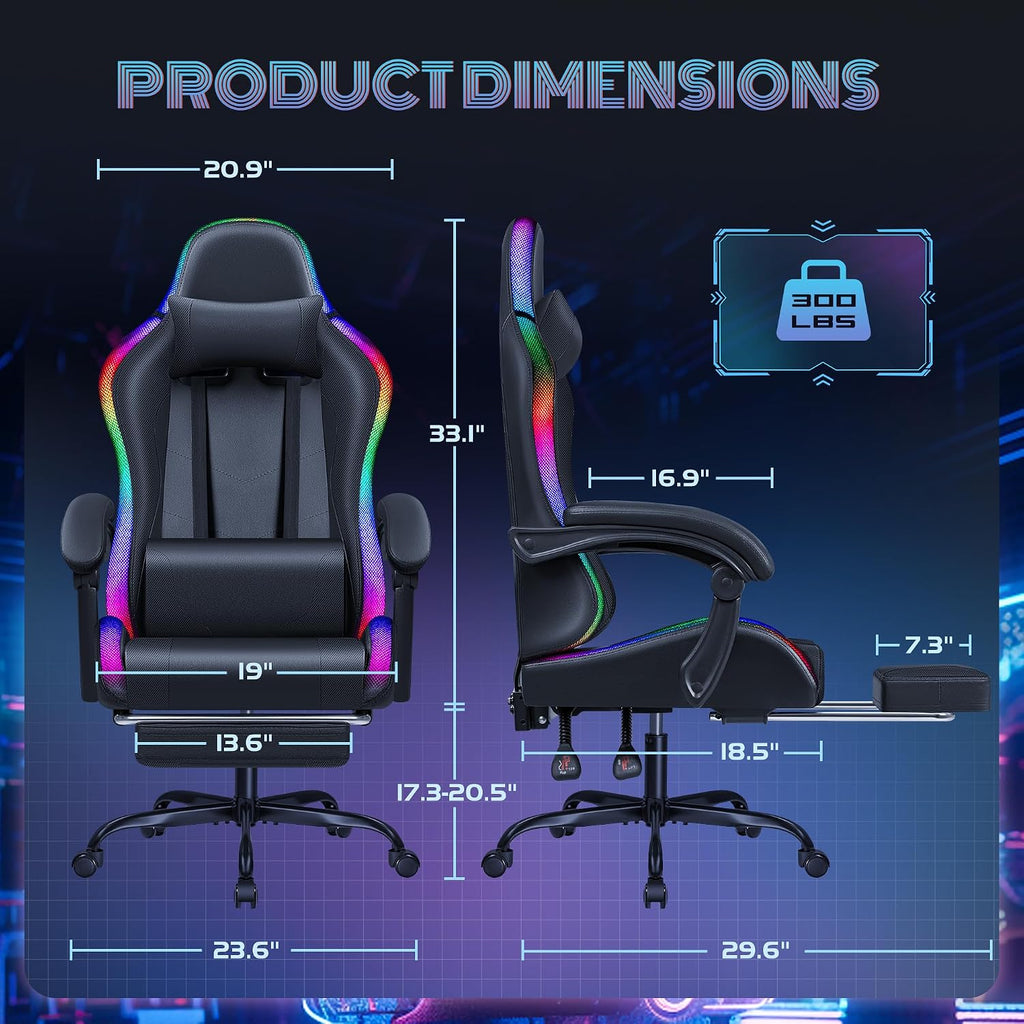 Furmax Gaming Chair with RGB LED Lights, Video Game Chair with Footrest and Massage Lumbar Support, High Back Reclining Computer Chair with Headrest, Swivel Seat Gamer Chair (LED Black)