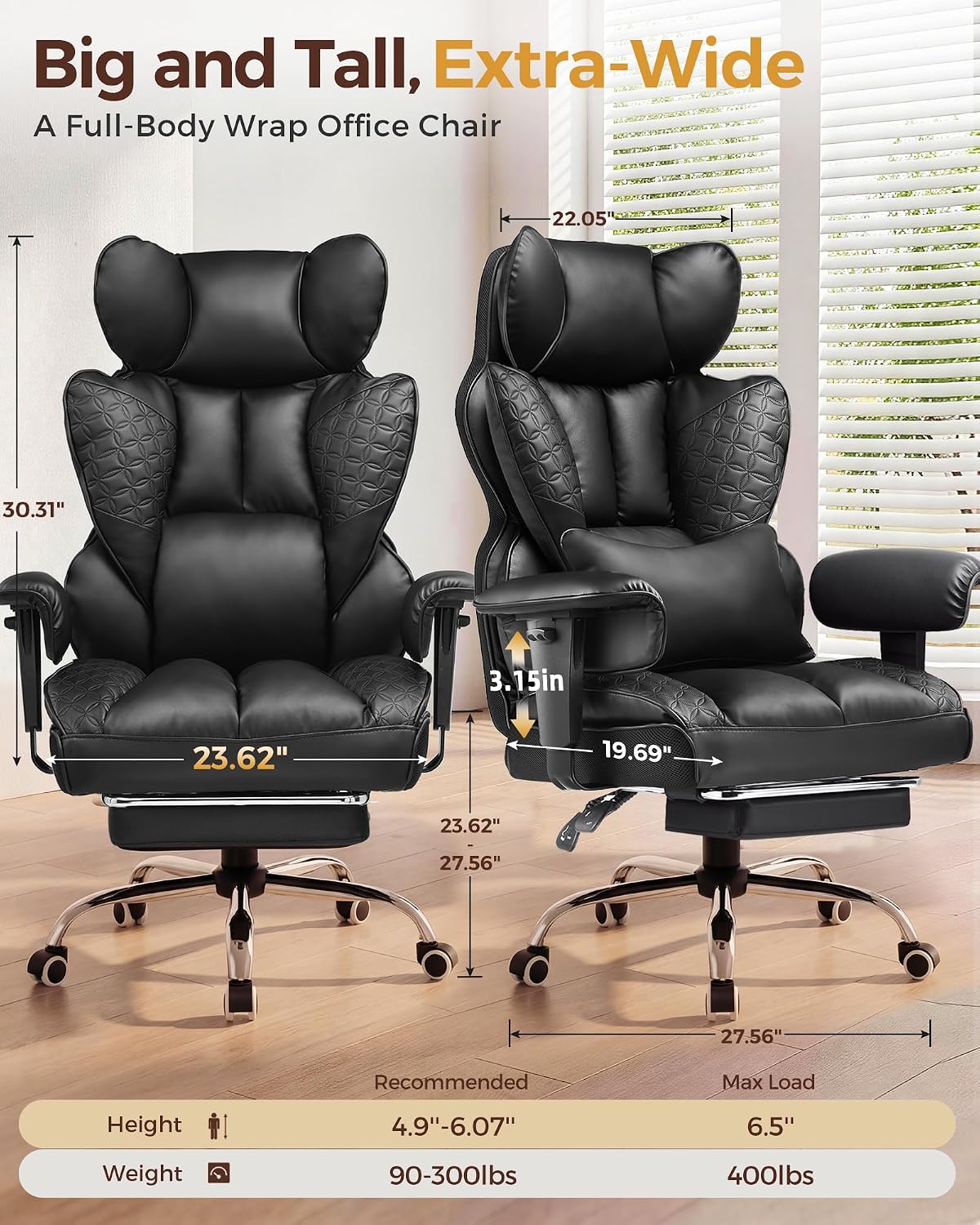 COMHOMA Big and Tall Office Chair Heavy Duty Gaming Chair with Deluxe Embossing Leather High Back Wider Ergonomic Computer Chair with Foot Rest 150°Reclining Pocket Spring Lumbar Support
