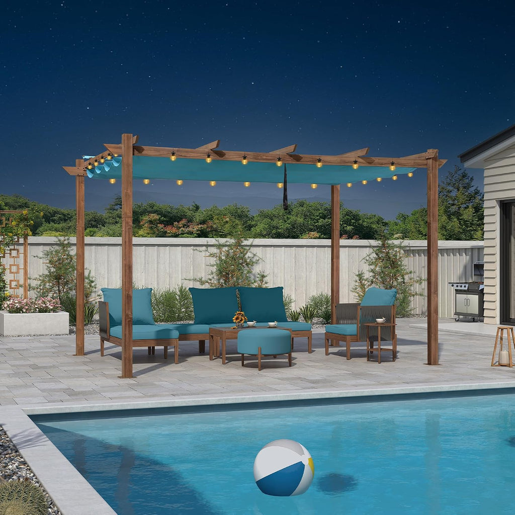 PURPLE LEAF 10' x 13' Outdoor Retractable Pergola with Sun Shade Canopy PatioShelter for Garden Pavilion Natural Wood Grain Frame Modern Yard Grill Pergola with 24 LED Lights Turquoise Blue