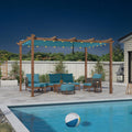 PURPLE LEAF 10' x 13' Outdoor Retractable Pergola with Sun Shade Canopy PatioShelter for Garden Pavilion Natural Wood Grain Frame Modern Yard Grill Pergola with 24 LED Lights Turquoise Blue