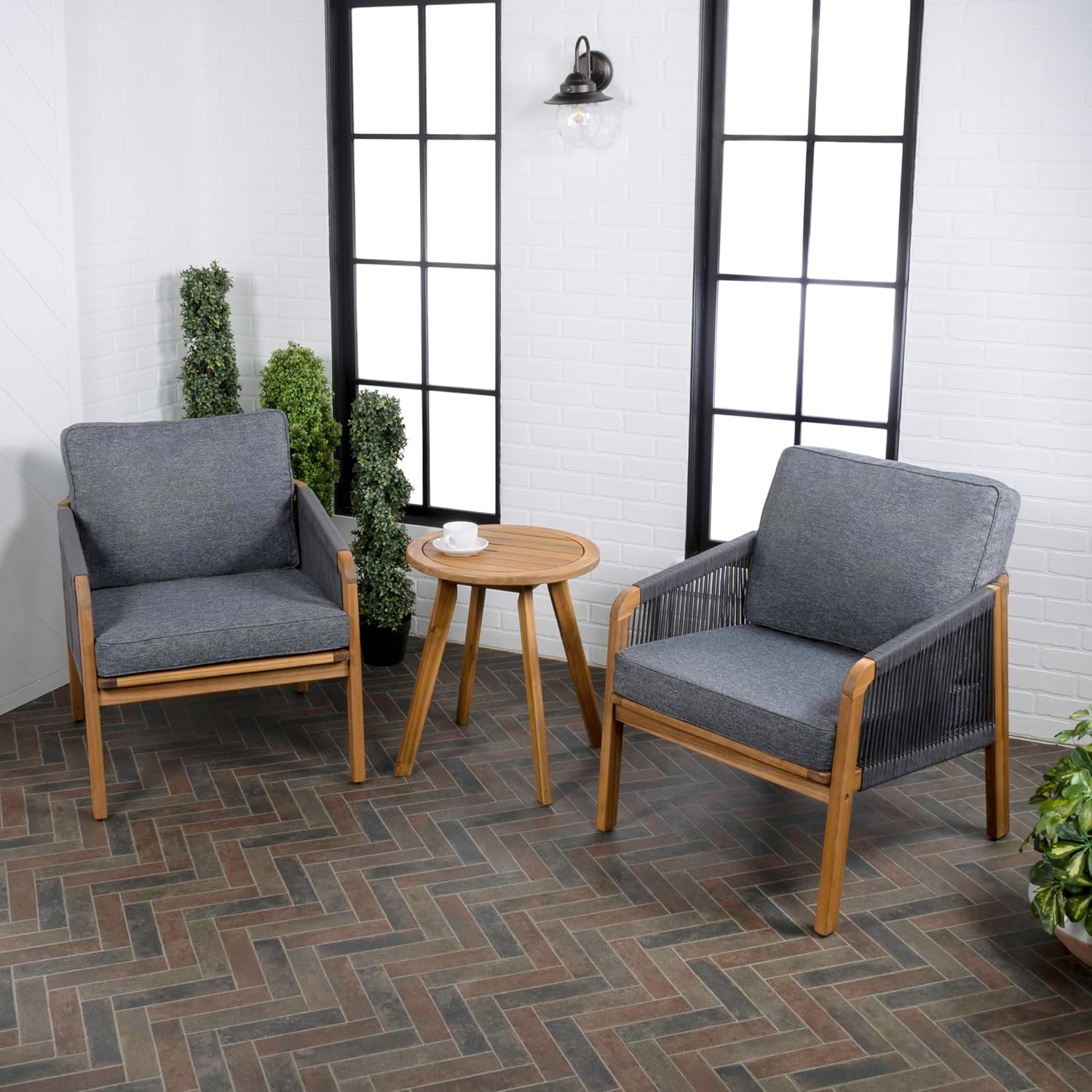 JONATHAN Y LVG1203B-3SET Aveiro 3-Piece Modern Bohemian Roped Acacia Wood Conversation Outdoor Patio Set with Cushions, Coastal, Contemporary, Transitional, Rustic, Cottage Gray/Teak Brown
