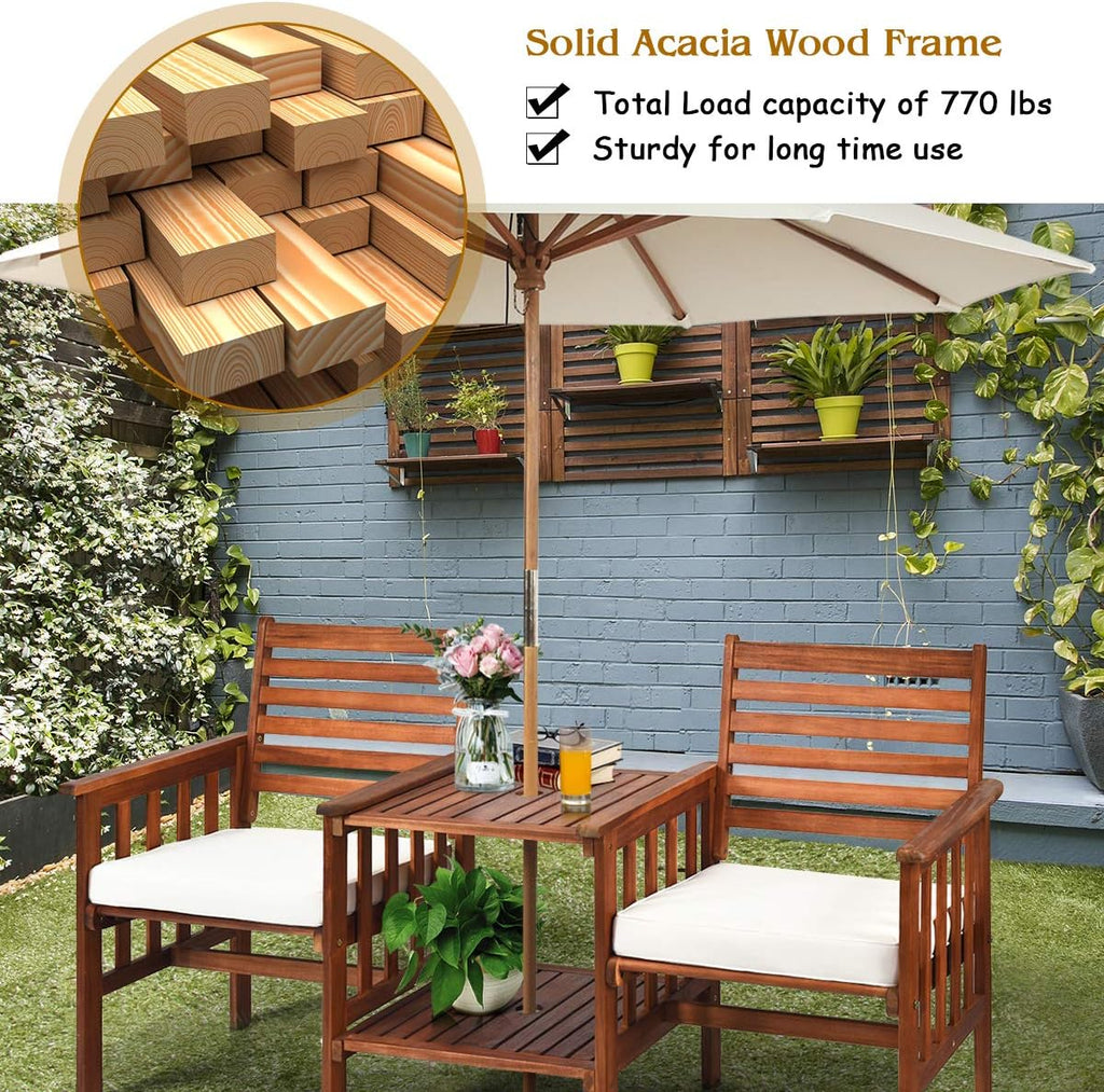 Tangkula Acacia Wood Loveseat, 3pcs Outdoor Table Chairs Set, Patio Conversation Set w/Coffee Table and Soft Cushions, 2.1-inch Umbrella Hole, 2-Seater Furniture Set (White)