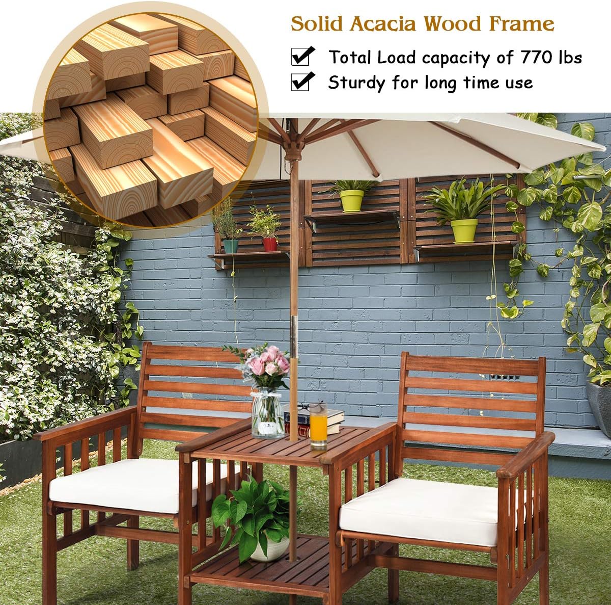 Tangkula Acacia Wood Loveseat, 3pcs Outdoor Table Chairs Set, Patio Conversation Set w/Coffee Table and Soft Cushions, 2.1-inch Umbrella Hole, 2-Seater Furniture Set (White)
