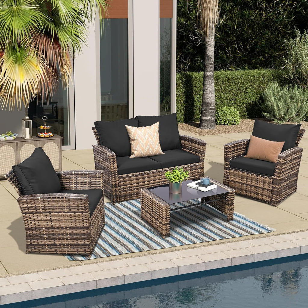 FHFO 4 Piece Patio Furniture Set, Wicker Outdoor Conversation Furniture Set, All Weather Patio Sofa Couch with Cushion & Glass Table, Yellow/Black