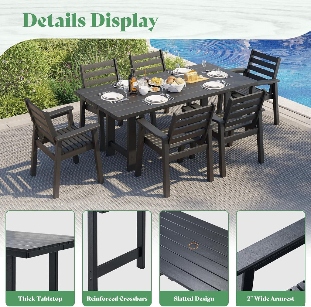 AMERLIFE 7-Piece HDPE Outdoor Dining Table Set with 6 Chairs, 71' L Patio Dining Furniture Set with Umbrella Hole, Modern Dinner Table & Chairs Set for Garden, Backyard, Poolside, Black