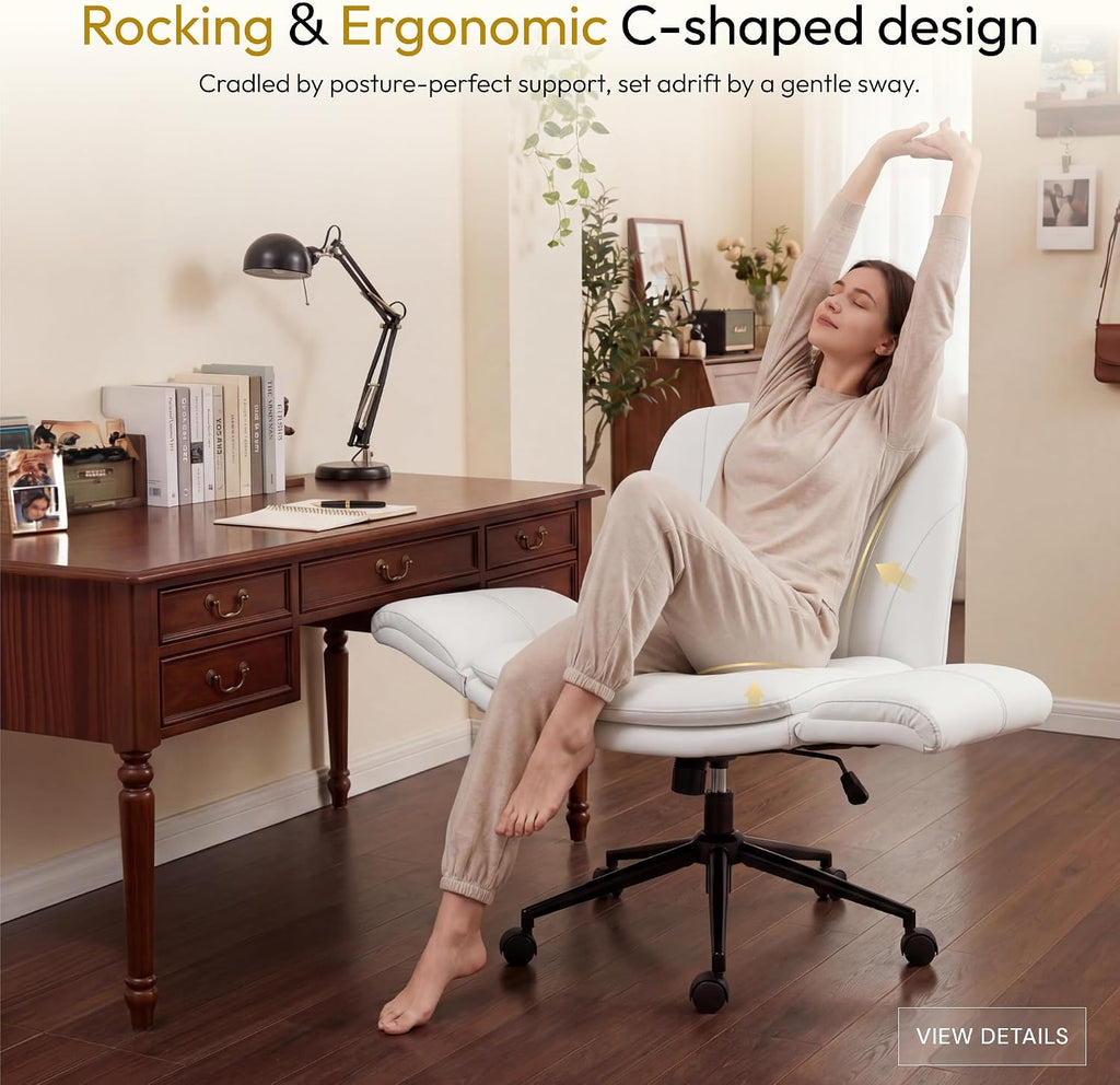 Dowinx Criss Cross Chair with Five-Level Adjustable Arms and Wheels - Comfortable Ergonomic PU Leather Swivel Vanity Chair - Computer Makeup Gaming Chair for Home Office, Bedroom, Vanity Room (Beide)