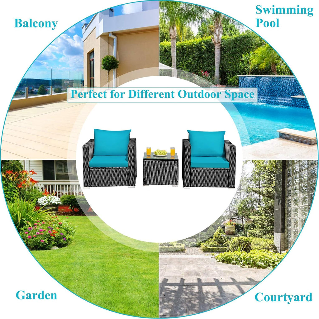 COSTWAY 3-Piece Outdoor Patio Furniture Set, Cushioned Armchairs and Tempered Glass Coffee Table, Wicker Rattan Sofa Set for Garden, Balcony, Backyard (Turquoise)