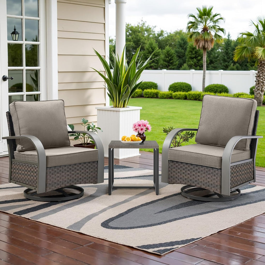 Belord Outdoor Swivel Rocker Patio Chairs Set of 2, 3 Piece Wicker Patio Bistro Set with Metals Side Table and Comfort High Back 4' Cushion Outdoor Patio Glider Chair for Balcony Deck Porch