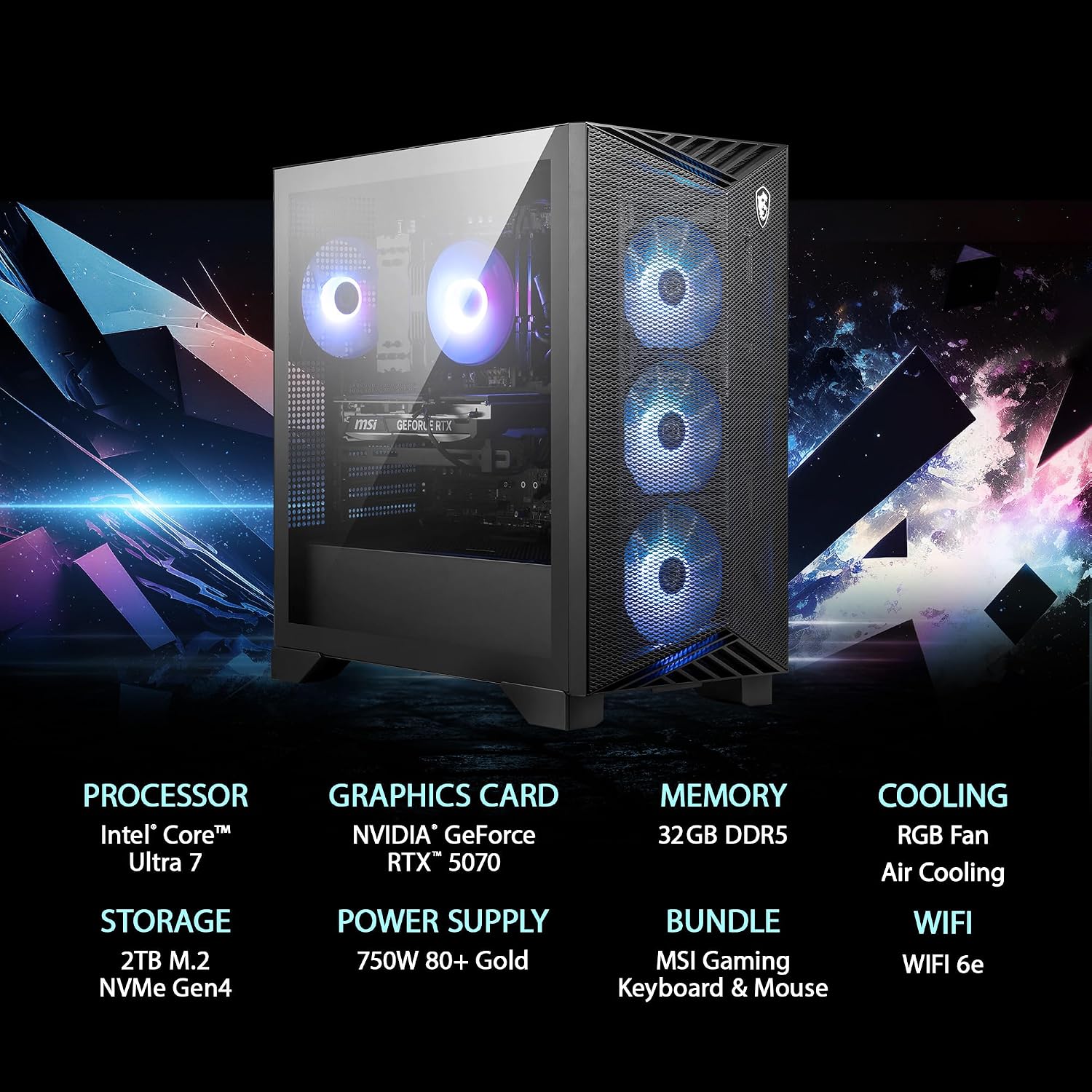 msi Aegis R2 AI Gaming Desktop: Intel Core Ultra 7 265, GeForce RTX 5070, 32GB DDR5, 2TB M.2 NVMe SSD, ARGB Fan Air Cooling, USB Type C, VR-Ready, Windows 11 Home: C2NVP7-2070US