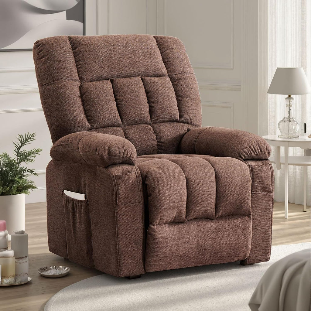 Sweetcrispy Power Lift Recliner Chair with Vibration Massage and Heat for Adults, Ergonomic Overstuffed Breathable Fabric Reclining Chair with Side Pockets, Remote Control, Living Room, Bedroom, Brown