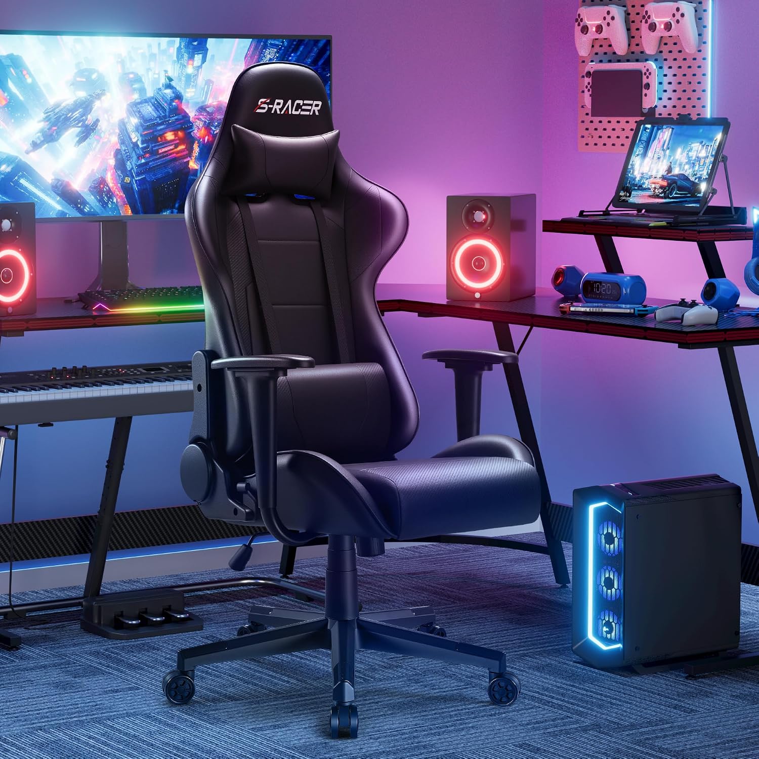 Furniwell Gaming Chair Racing Computer Chair Office Desk Chair Adjustable Swivel High Back Carbon Fiber Style Leather Executive Ergonomic Chair with Headrest and Lumbar Support (Black)