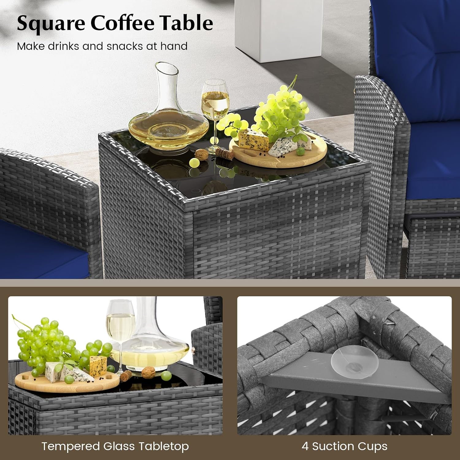 KOTEK 5 Pieces Patio Furniture Set with Ottomans, Wicker Patio Conversation Set with Coffee Table & Cushions, PE Rattan Outdoor Lounge Chairs for Backyard, Porch, Poolside (Mix Grey- Navy)