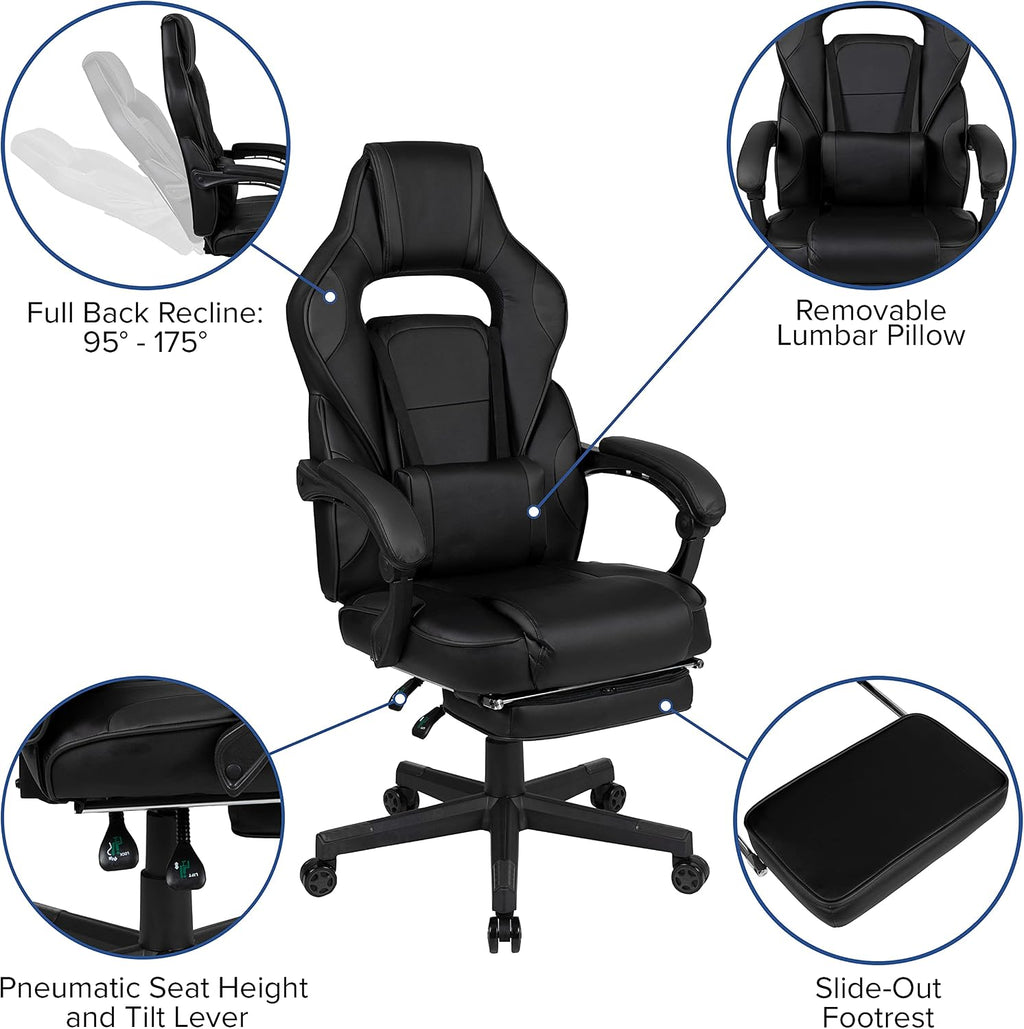 EMMA + OLIVER Black Ergonomic Gaming Chair -Recline Back/Arms, Footrest, Massaging Lumbar