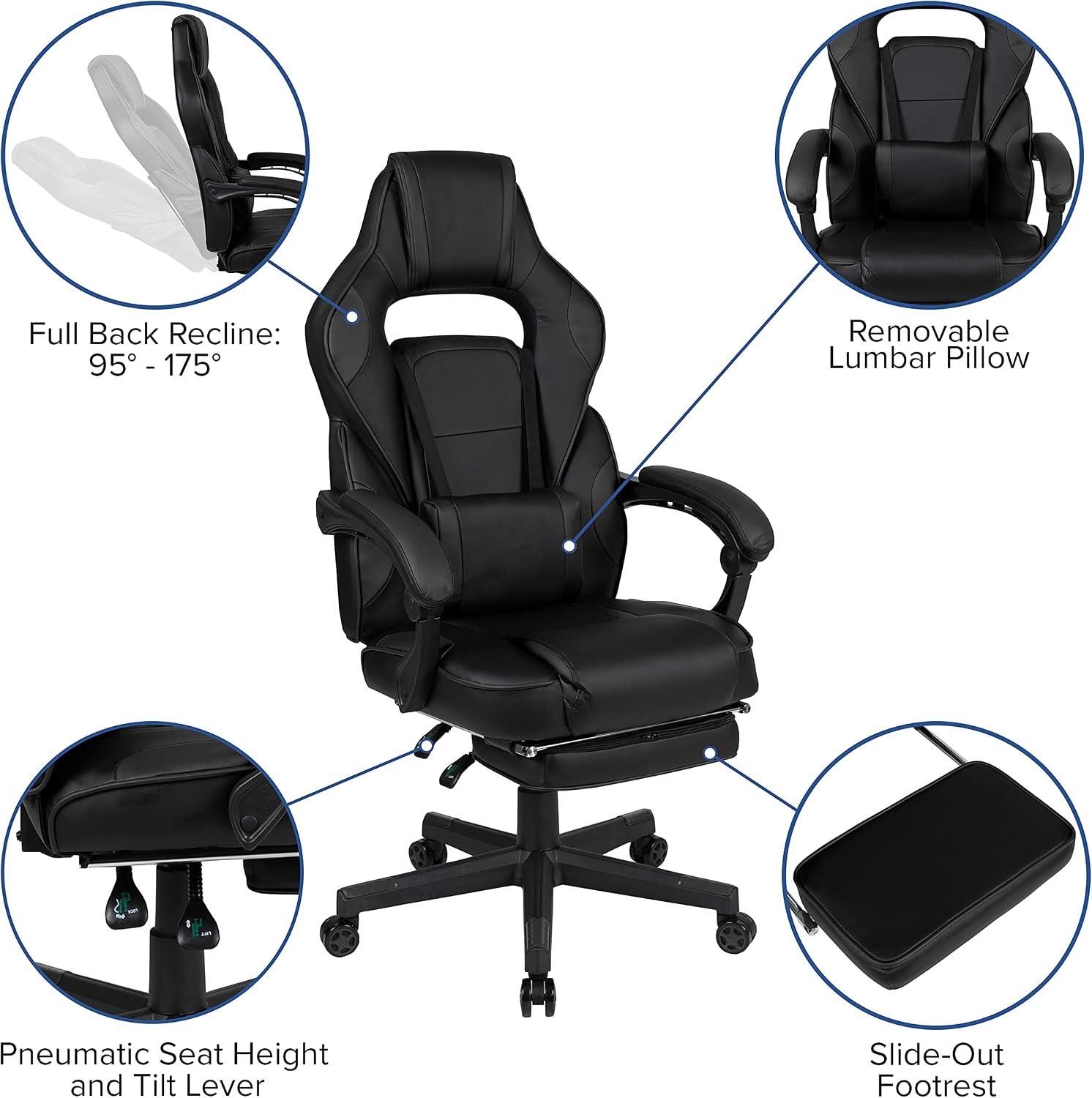 EMMA + OLIVER Black Ergonomic Gaming Chair -Recline Back/Arms, Footrest, Massaging Lumbar