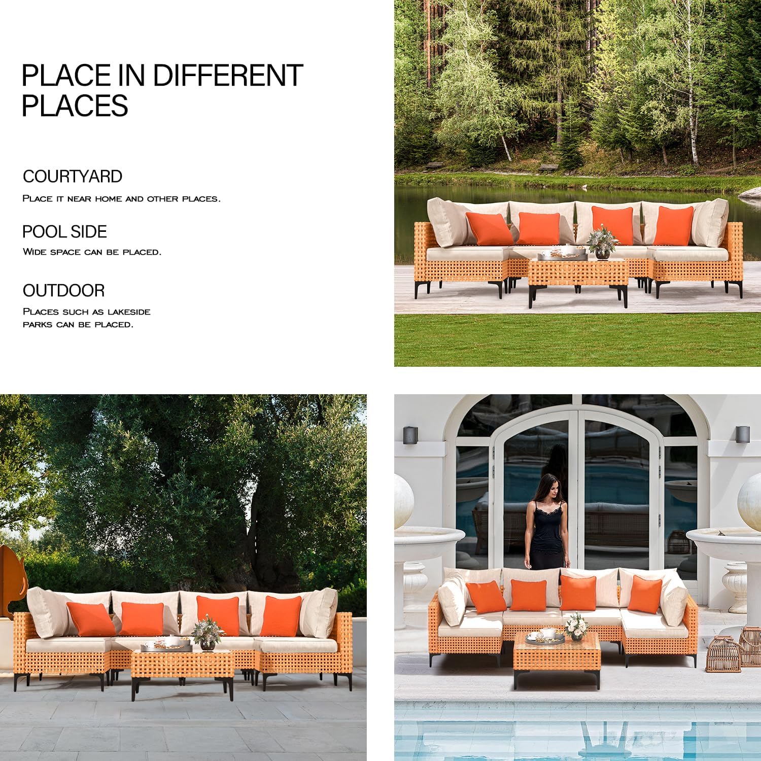 5 Piece Outdoor Patio Furniture Set Modular Wicker Sectional Sofa with Cushions and Table for Balcony, Porch, Deck, Yard (Salmon&Orange Wicker, Sand Cushion)