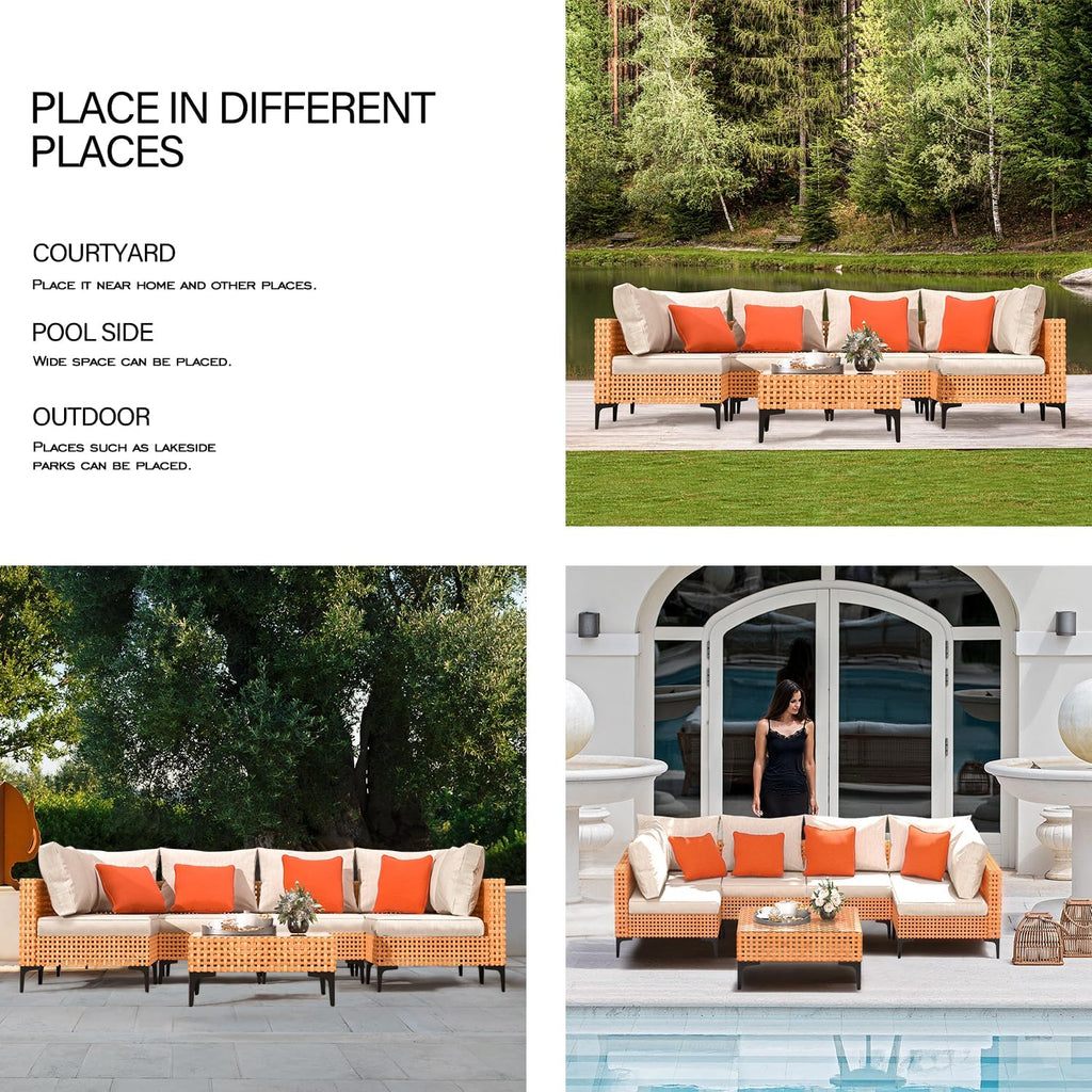 10 Piece Outdoor Patio Furniture Set Modular Outdoor Furniture Set Wicker Outdoor Sectional Sofa with Table Patio Set for Balcony Porch Deck Yard (Salmon&Orange Wicker, Sand Cushion)