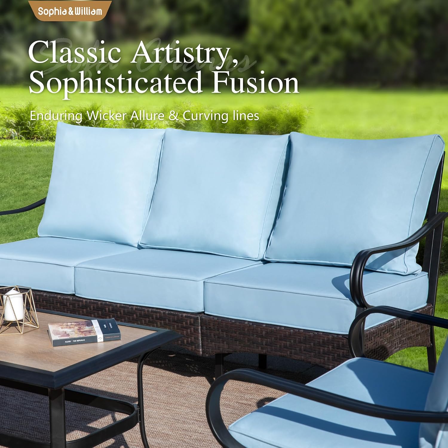 Sophia & William Patio Furniture Set with Fire Pit Table, 4 PCS Metal Outdoor Conversation Set with Fire Pit Table, 2 Sofa Chairs,3-Seater Couch for Outdoor Seating, Backyard, Porch(Blue)