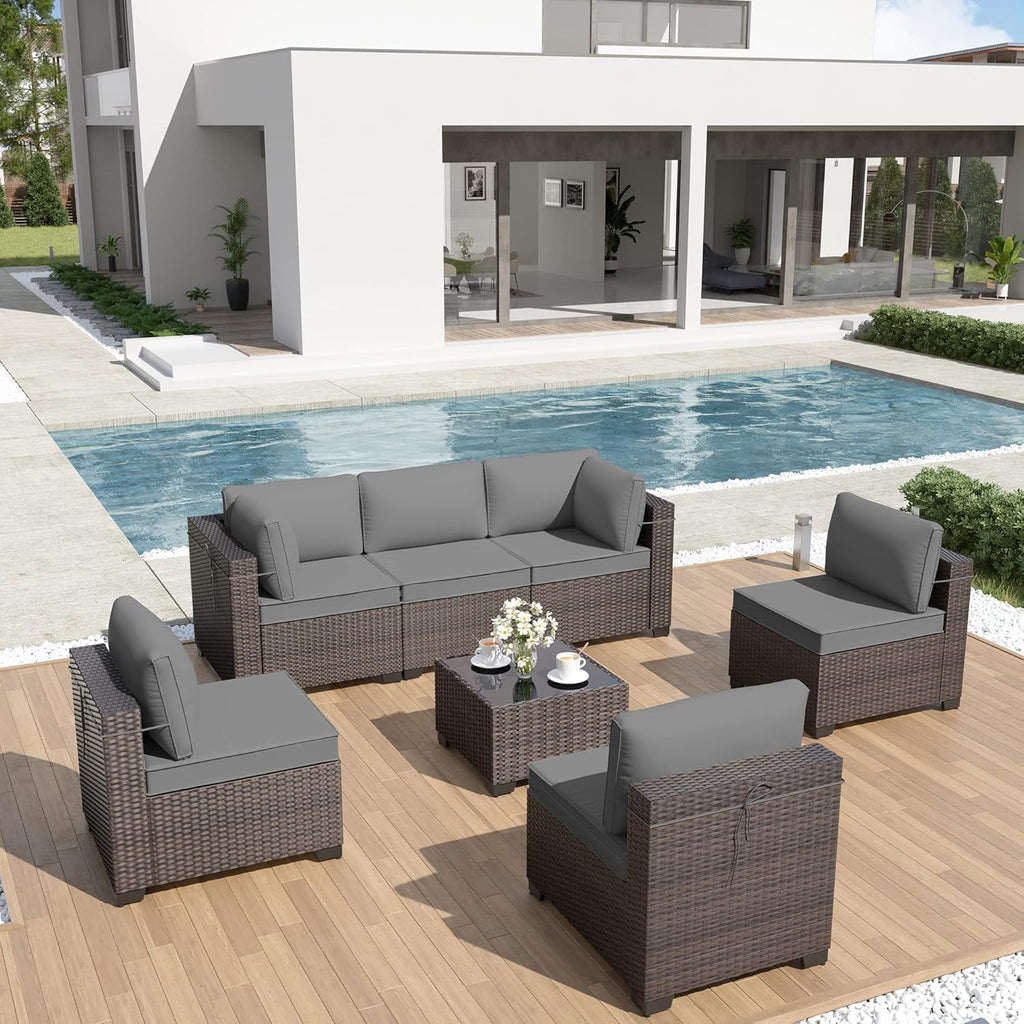 ALAULM Patio Furniture Set with Coffee Table, 7 Pieces Outdoor Sectional with Wide Seat and Thick Cushion, All Weather Wicker Rattan Conversation Set for Backyard, Garden, Deck, Grey