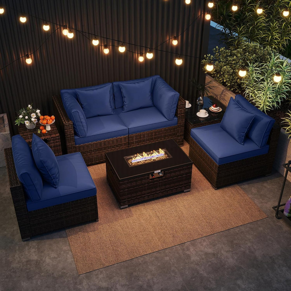 Tangkula 7 Pieces Wicker Patio Furniture Set with 40,000 BTU Gas Fire Pit Table & Propane Tank Cover Table & Glass Top Coffee Table, for Garden, Backyard and Poolside (Navy)