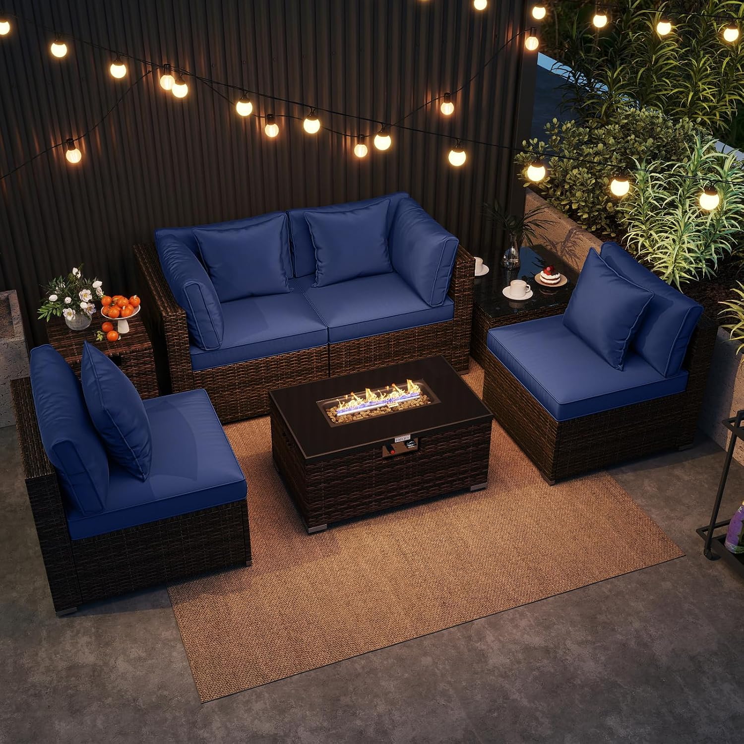 Tangkula 7 Pieces Wicker Patio Furniture Set with 40,000 BTU Gas Fire Pit Table & Propane Tank Cover Table & Glass Top Coffee Table, for Garden, Backyard and Poolside (Navy)