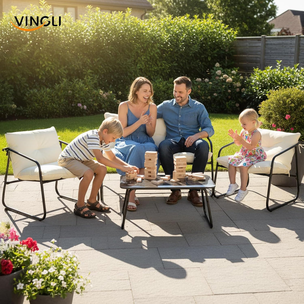 VINGLI 4 Piece Patio Conversation Set, Outdoor Furniture Set with Glass Coffee Table & Comfortable Cushion, All-Weather Cushioned Seating for Garden, Backyard, Porch, White