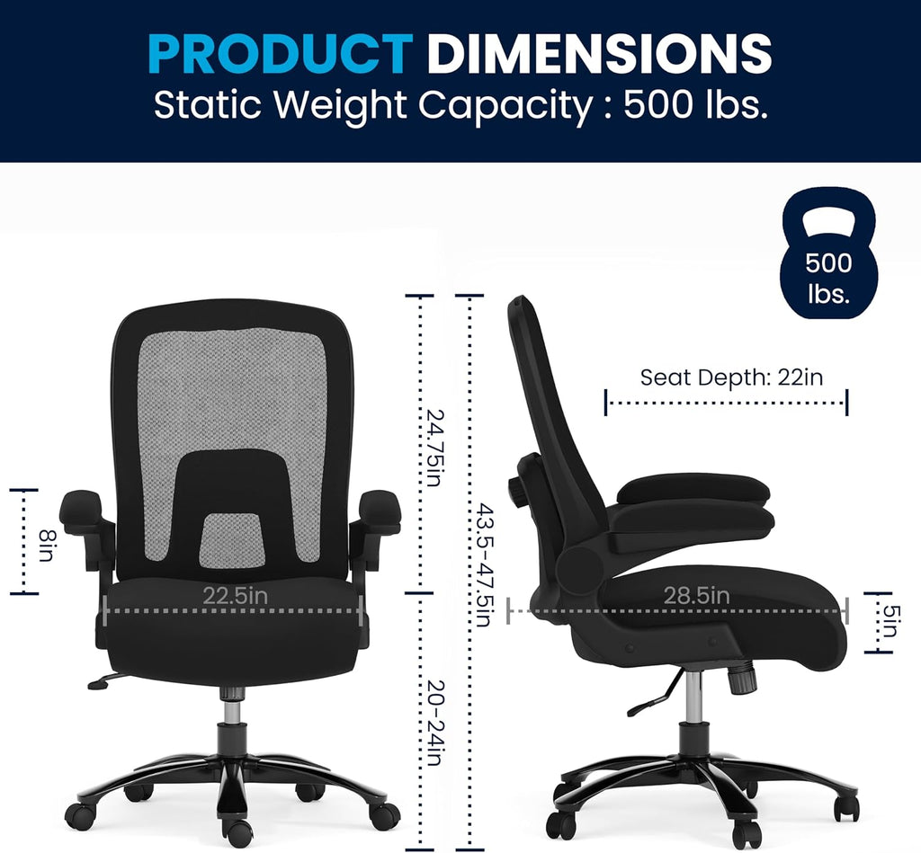 Flash Furniture Big & Tall Swivel Office and Gaming Chair with Lumbar and Back Support, Ergonomic Mesh Office Chair with Flip-Up Armrests and Adjustable Height, Black