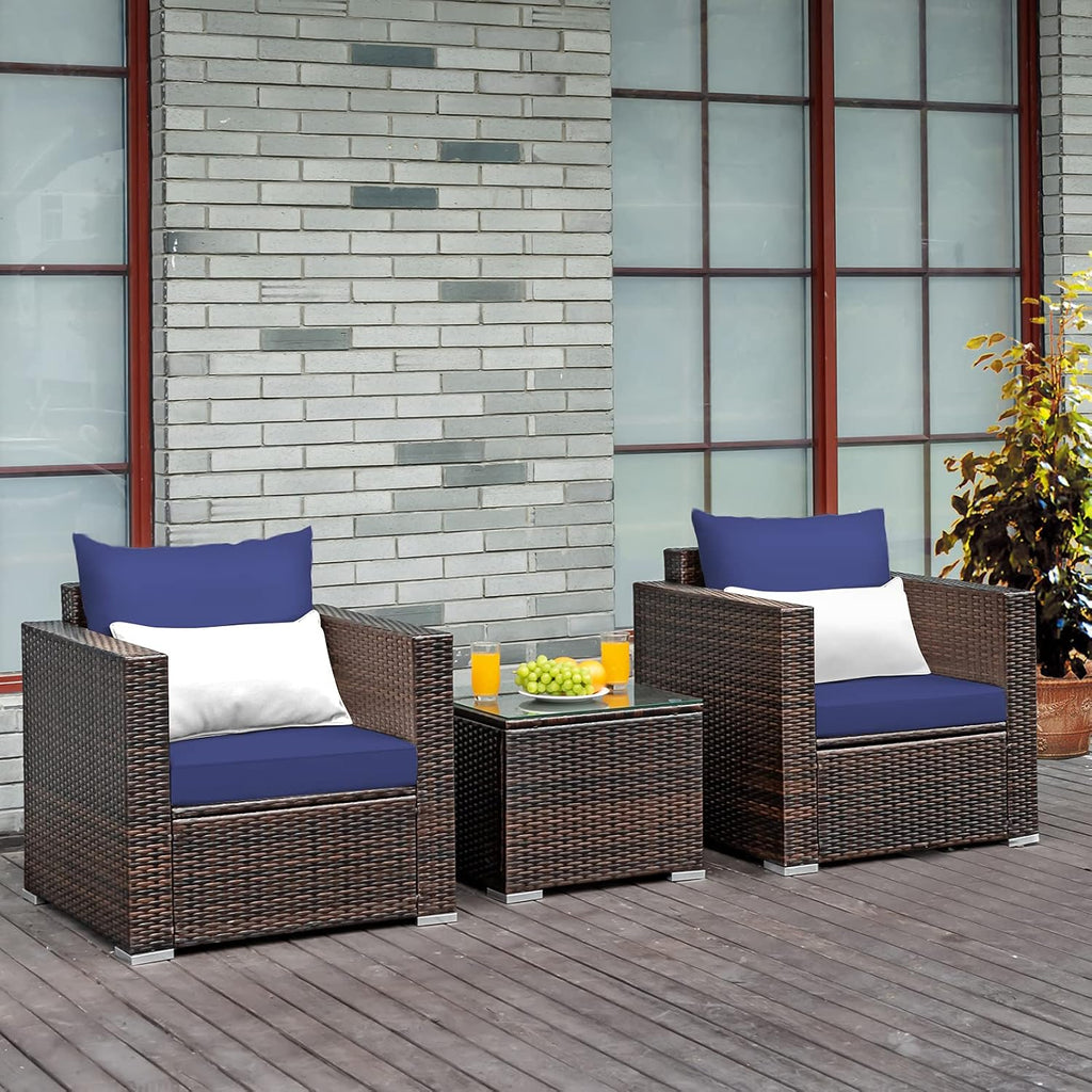 COSTWAY 3-Piece Patio Furniture Set, Outdoor Wicker Rattan Sofa with Cushions and Coffee Table with Tempered Glass, Modern Conversation Chair Set for Poolside Backyard Balcony Lawn (Navy)
