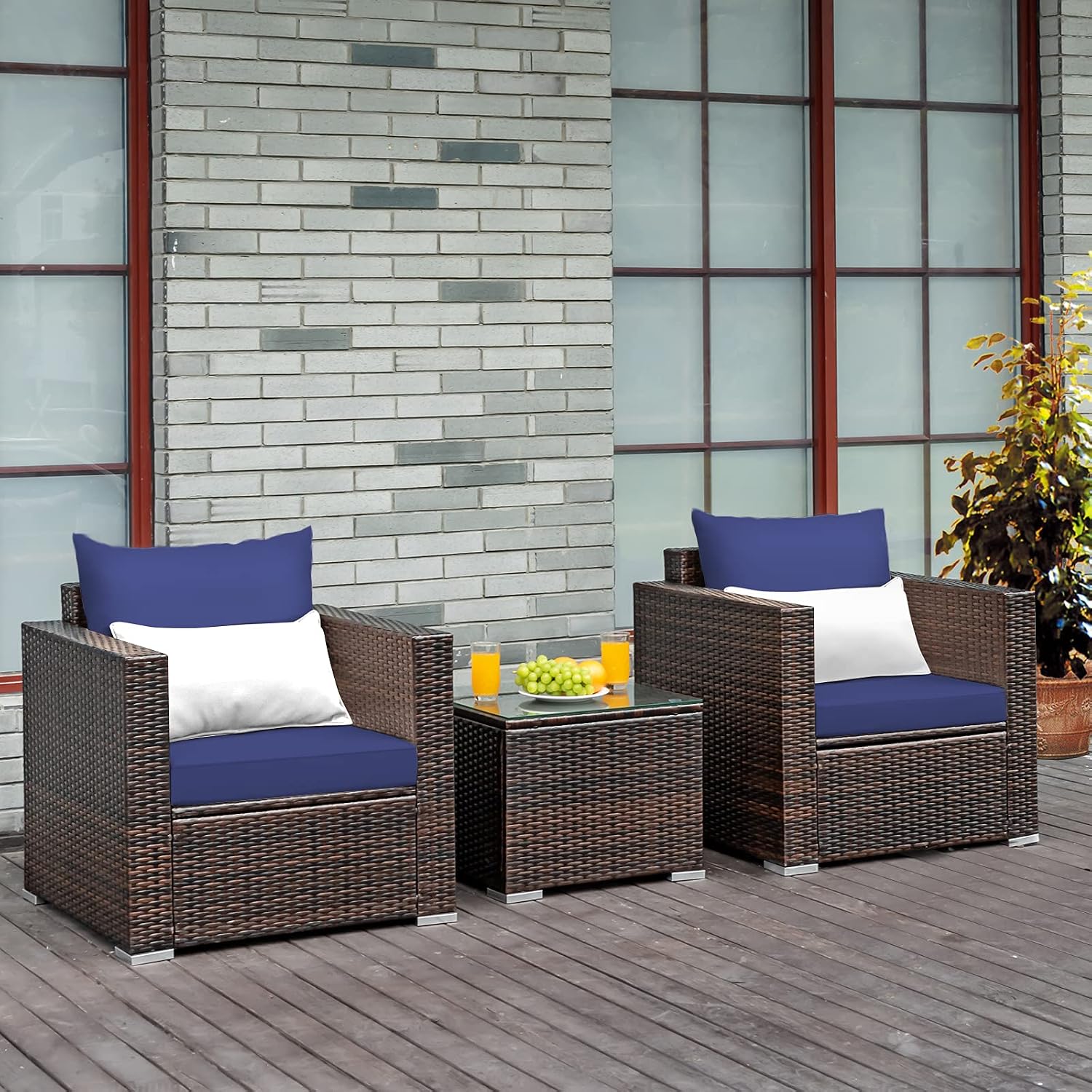 COSTWAY 3-Piece Patio Furniture Set, Outdoor Wicker Rattan Sofa with Cushions and Coffee Table with Tempered Glass, Modern Conversation Chair Set for Poolside Backyard Balcony Lawn (Navy)