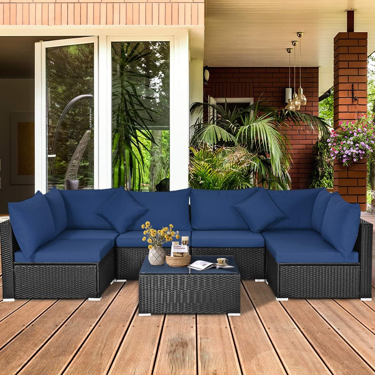 COSTWAY 7 Pieces Patio Furniture Set, Outdoor Rattan Conversation Set with 6 Seats, Coffee Tea Table, Soft Cushions, Wicker Patio Sectional Sofa for Garden Balcony Porch Poolside, Navy