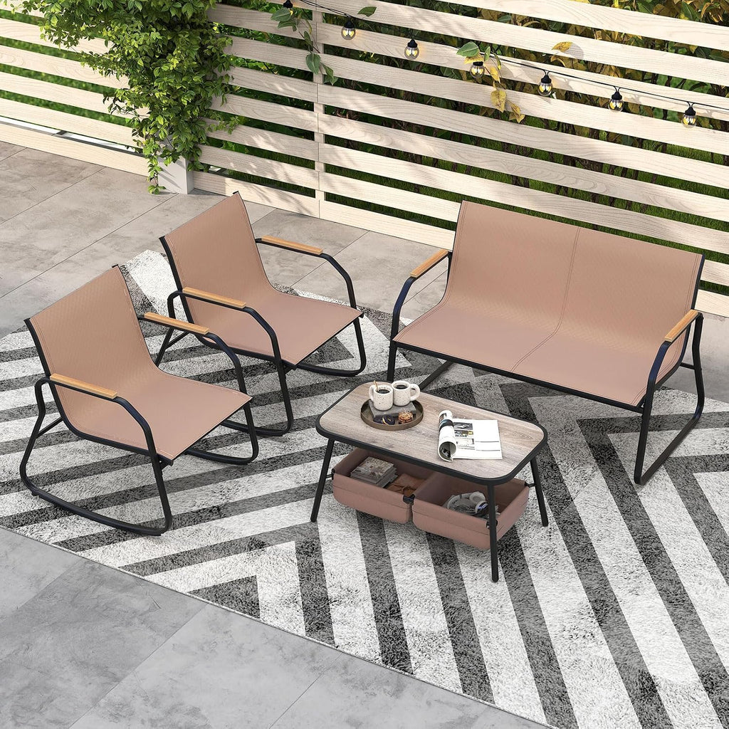 Tangkula 4 Pieces Patio Furniture Set with 2 Rocking Bistro Chairs, Outdoor Conversation Set with 2-Tier Coffee Table and Breathable Fabric Chairs for Porch, Garden, Lawn and Backyard (Brown)