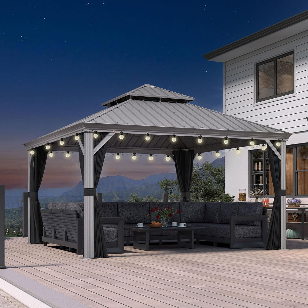 PURPLE LEAF 13' X 13' Hardtop Aluminum Gazebo with Netting and Curtains Heavy Duty Permanent Gazebo with Double Metal Roof for Patio Deck Lawn Garden All Weather Outdoor Pavilion Gazebos, Light Grey