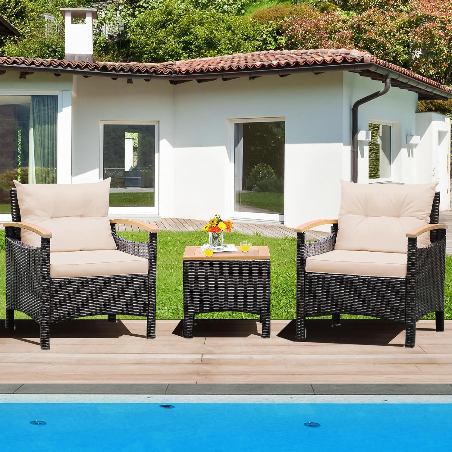 Tangkula 3-Piece Patio Furniture Set, Patiojoy Outdoor Rattan Sofa Set with Coffee Table, Patio Conversation Set with Removable Cushion, Cozy Acacia Wood Armrests for Backyard, Poolside (Beige)