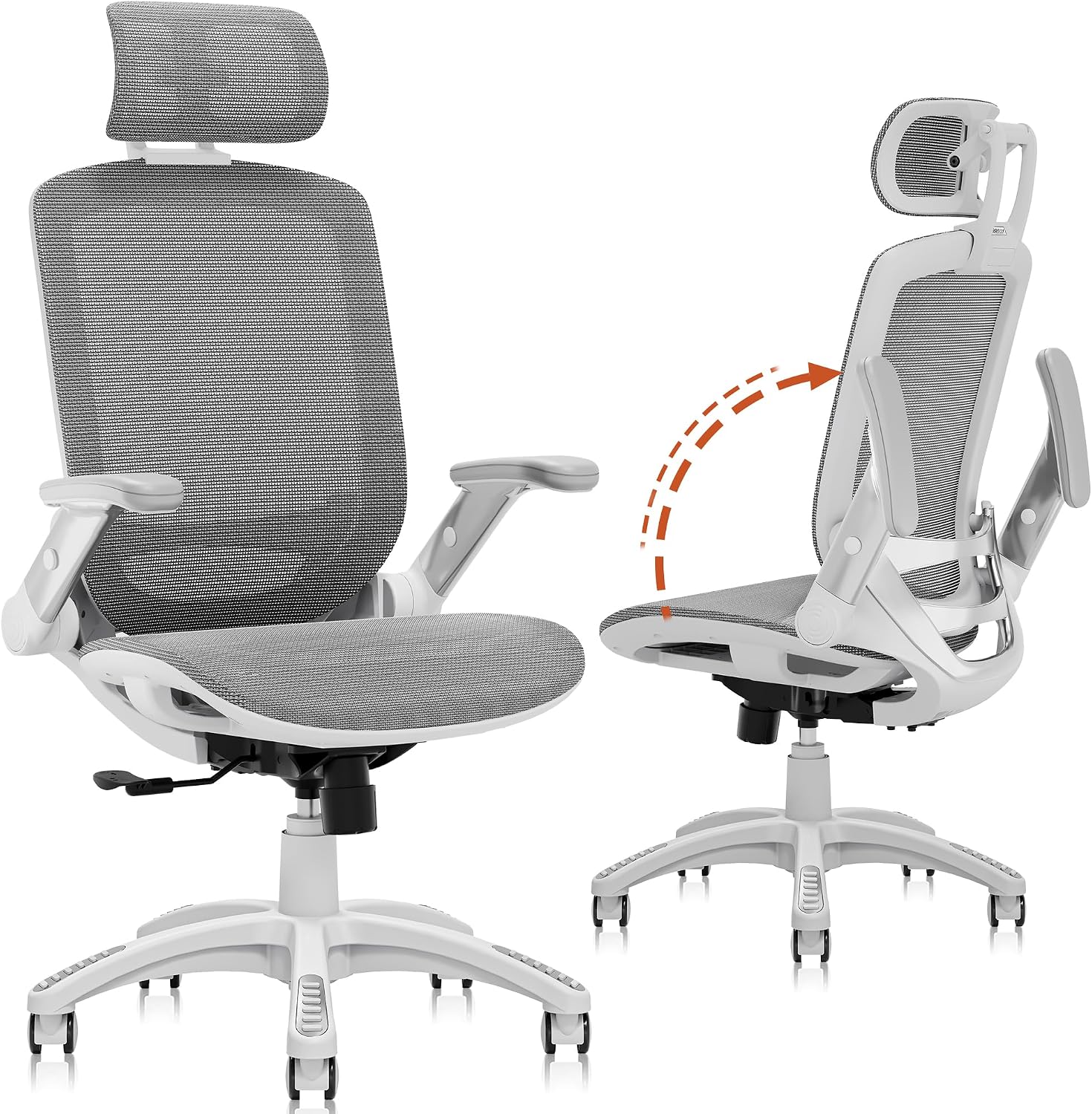 GABRYLLY Ergonomic Office Chair, High Back Home Desk Chair with Headrest, Flip-Up Arms, 90-120° Tilt Lock and Wide Cushion, 300LBS Mesh Chairs for Man Woman, White Task Chair(Dark Grey,GY01WDG)