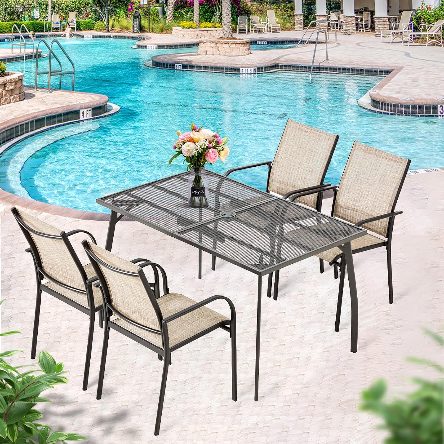 AECOJOY 5 Piece Patio Table and Chair Set for 4, Outdoor Dining Set Includes 51.2' Rectangle Table with 1.73' Umbrella Hole, 4 Stackable Textilene Chairs, for Garden, Backyard and Poolside, Dark Gray