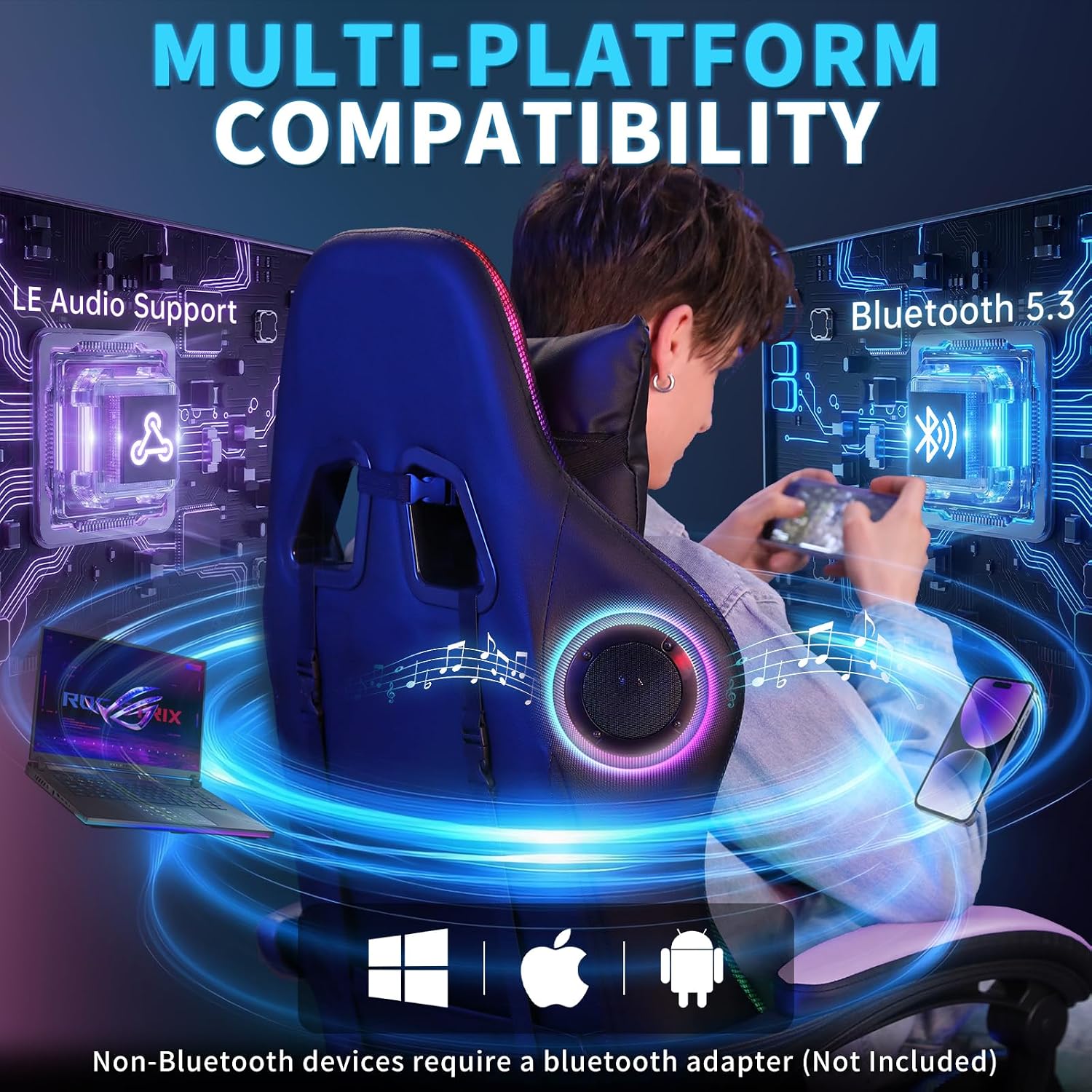 Gaming Chair with Bluetooth Speakers and RGB LED Lights Ergonomic Massage Computer Gaming Chair with Footrest Video Game Chair High Back with Lumbar Support Purple and Black