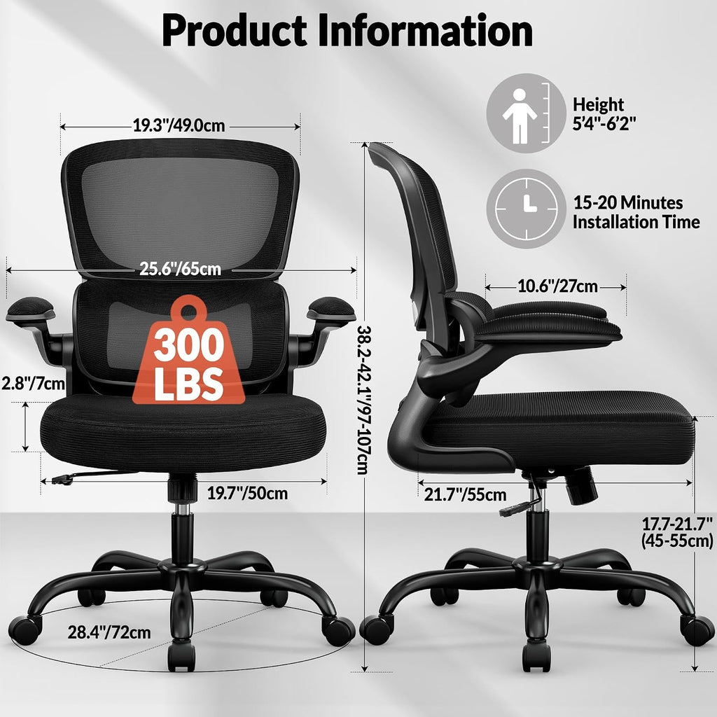 BESTFAIR Office Chair Ergonomic Desk Chair, Breathable Mesh Comfy Chair with Lumbar Support, Computer Chair, Home Desk Chair with Flip-up Armrests, Gaming Chair for Adults Home Office