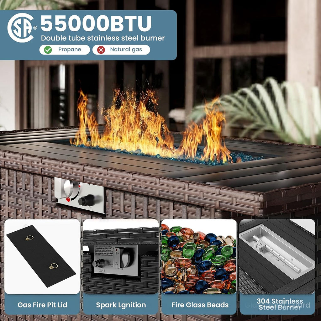 Patio Furniture Set with Fire Pit Table, 7 Piece Outdoor Sectional Conversation Sets Wicker Rattan Sectional Sofa with Coffee Table for Patio Garden Backyard, 4'' Thickened Cushion Dark Grey