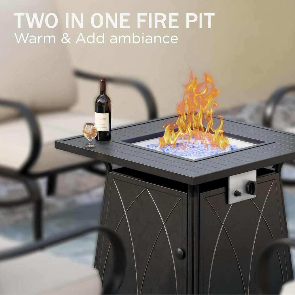 PHI VILLA 5 Piece Patio Furniture Set with 28' Firepit Table, 4 Outdoor 5.75' Cushioned Metal Frame Swivel Sofa Chairs & 28' Gas Firepit Table, Outside Furniture Set for Lawn Garden(Navy Blue)