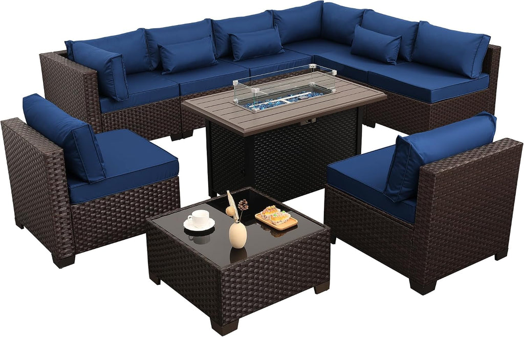 Rattaner 10 Pieces Outdoor Sectional All-Weather Wicker Patio Furniture Set Patio Sectional and Steel Fire Table and Glass Patio Table Non-Slip Cushions and Waterproof Covers, Navy Blue