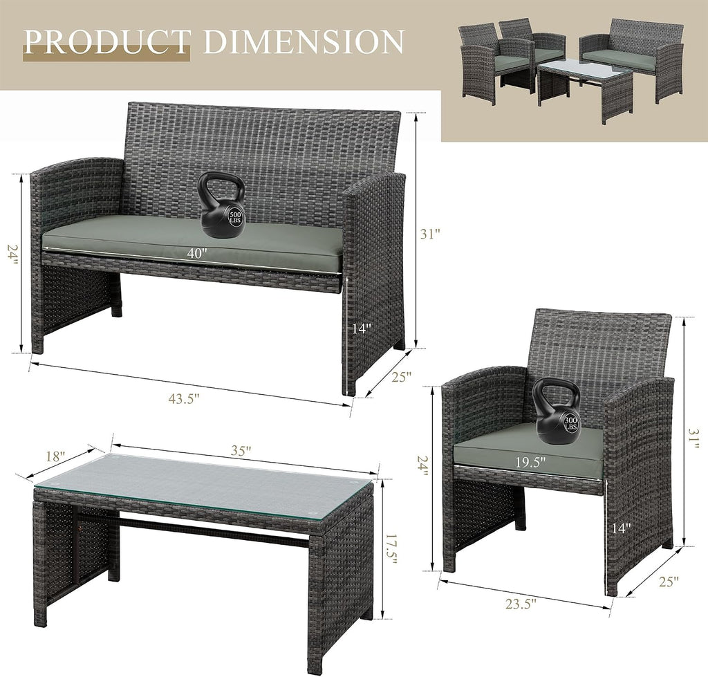 JAMFLY 4 Piece Outdoor Patio Furniture Set, Outdoor Wicker Rattan Chairs Conversation Sets with Cushions & Coffee Table for Outside, Garden, Balcony, Porch, Grey
