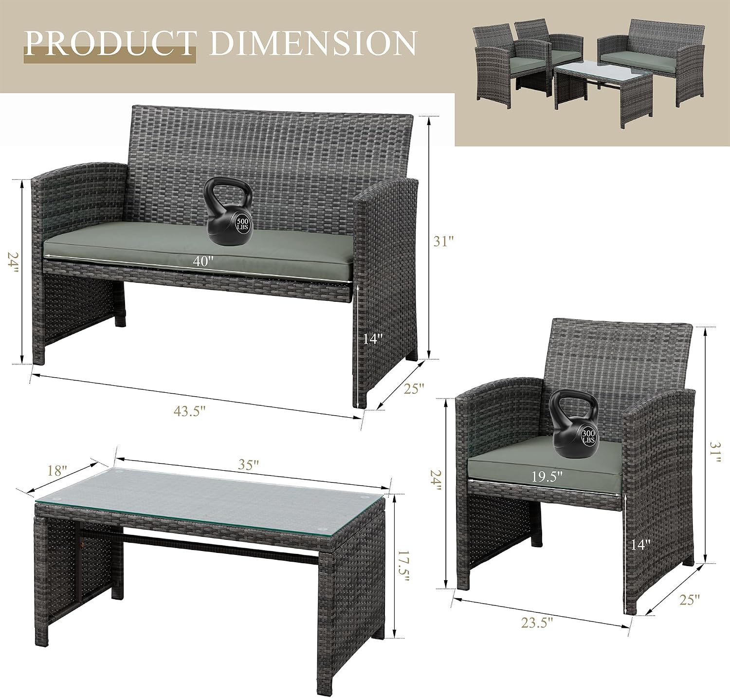 JAMFLY 4 Piece Outdoor Patio Furniture Set, Outdoor Wicker Rattan Chairs Conversation Sets with Cushions & Coffee Table for Outside, Garden, Balcony, Porch, Grey