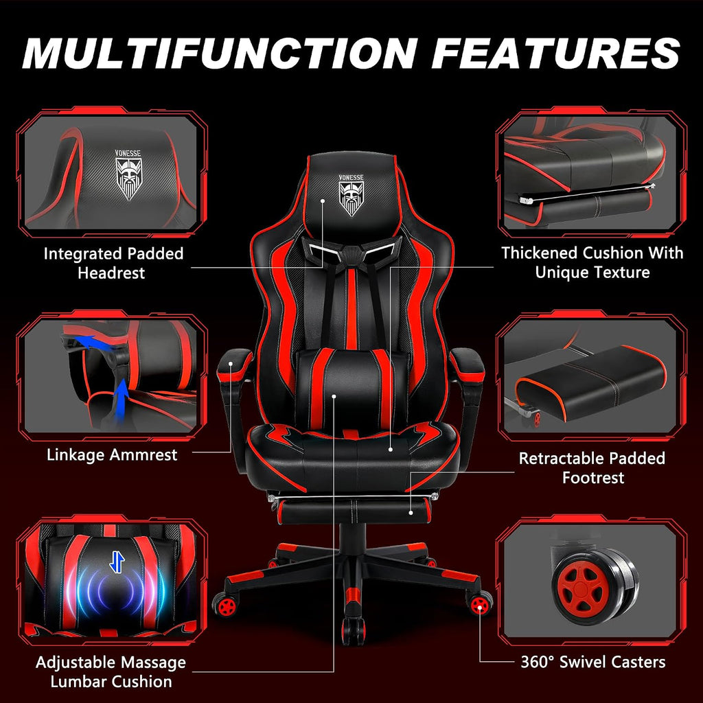 Vonesse Gaming Chair for Adults, Reclining Gaming Chairs with Footrest and Massage, Computer Gaming Chair for Heavy People,Ergonomic Gamer Chair Big and Tall (Red/Black)