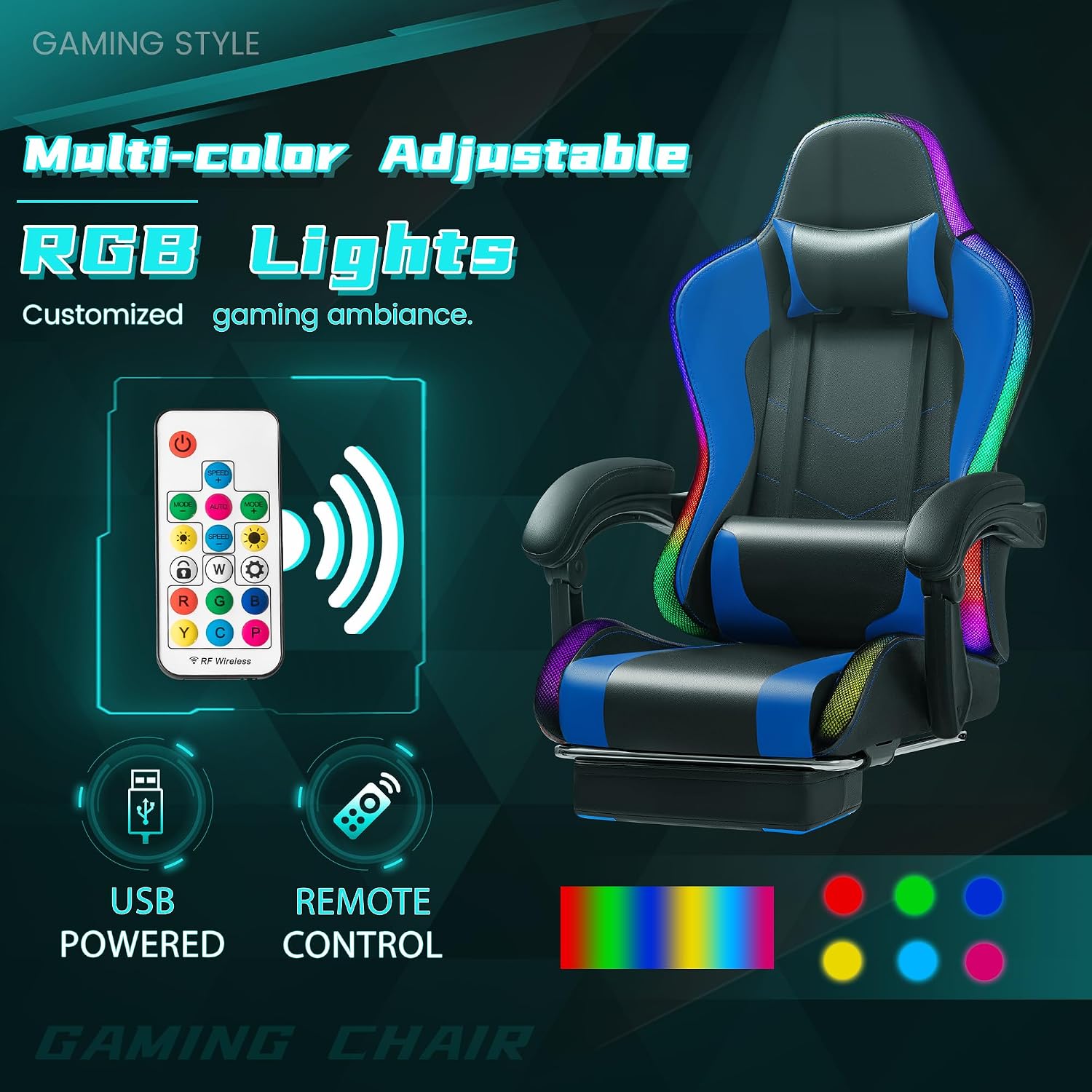Gaming Chair with RGB, Computer Gaming Chairs with LED Lights and Footrest for Home, Office, Blue and Black