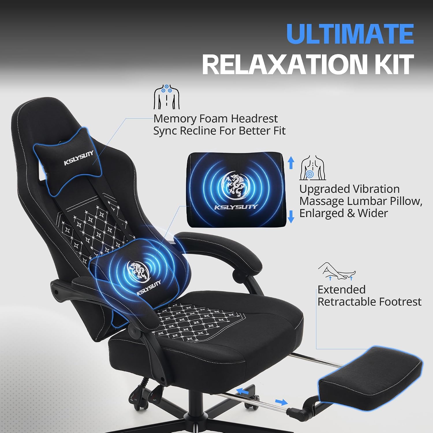 Gaming Chair Breathable Fabric with Pocket Spring Cushion, Wide and High Ergonomic Office Chair with Headrest, Computer Gaming Chair with Footrest for Adult and Teen (Black Fabric)