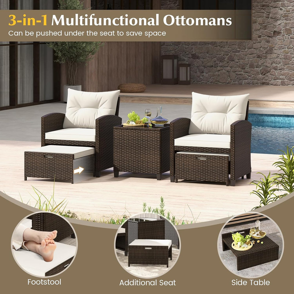 KOTEK 5 Pieces Patio Furniture Set with Ottomans, Wicker Patio Conversation Set with Coffee Table & Cushions, PE Rattan Outdoor Lounge Chairs for Backyard, Porch, Poolside (Mix Brown- Off White)