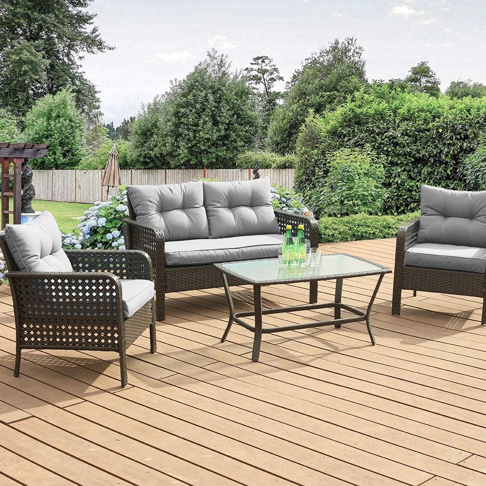 Lepdep Patio Furniture Set Outdoor Furniture - 4 Pieces Wicker Patio Conversation Sets with Loveseat, Rattan Seating Outside Patio Set Coffee Table Chair for Lawn, Deck, Balcony, Backyard. (Grey)